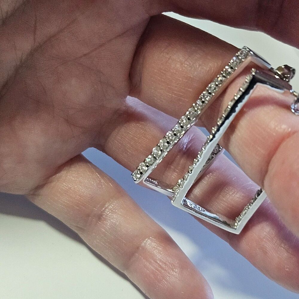 Sterling Silver Rectangular Hoop Clear Rhinestone… - image 2